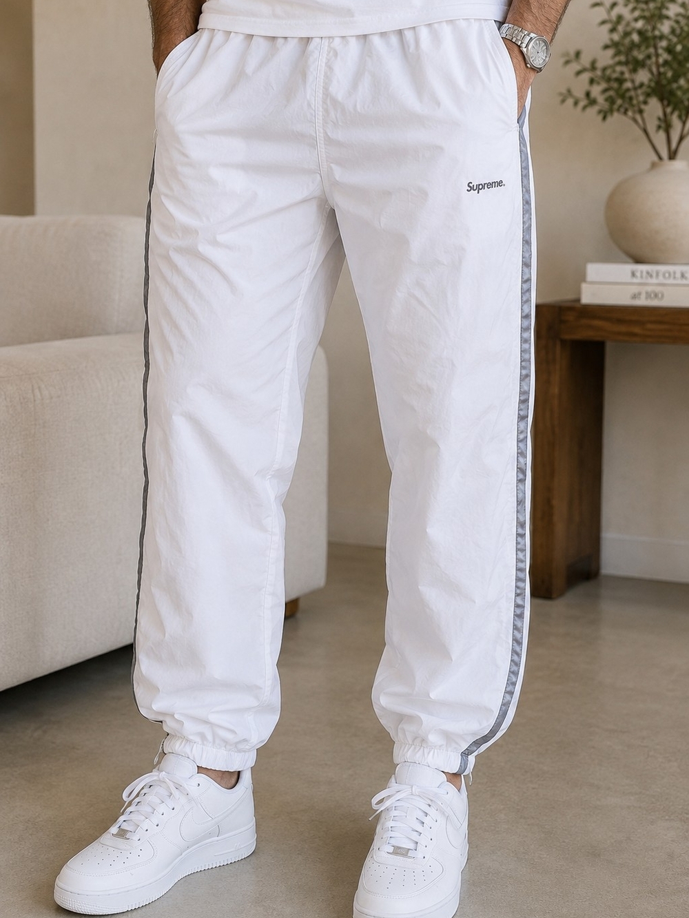 Supreme White Track Pants with Gray Side Stripe